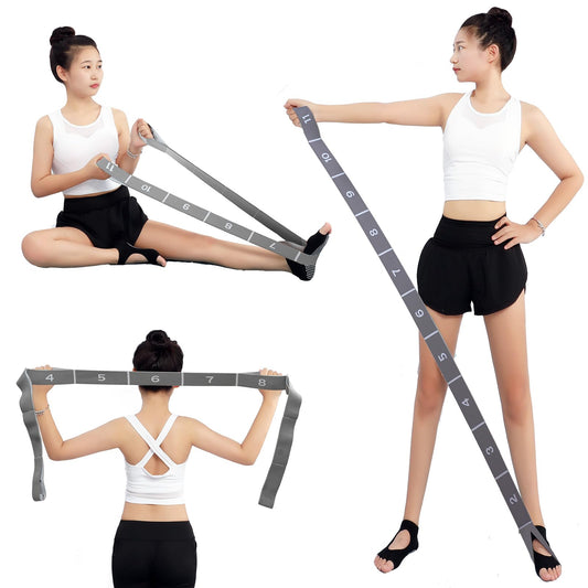 Elastic Stretching Strap with 11 Loops, Adjustable Yoga Strap for Stretching, Physical Therapy, Pilates, Dance, Ballet, Hamstring Stretcher – Non-Slip Fabric Stretch Band for Home Flexibility Workout(Grey)