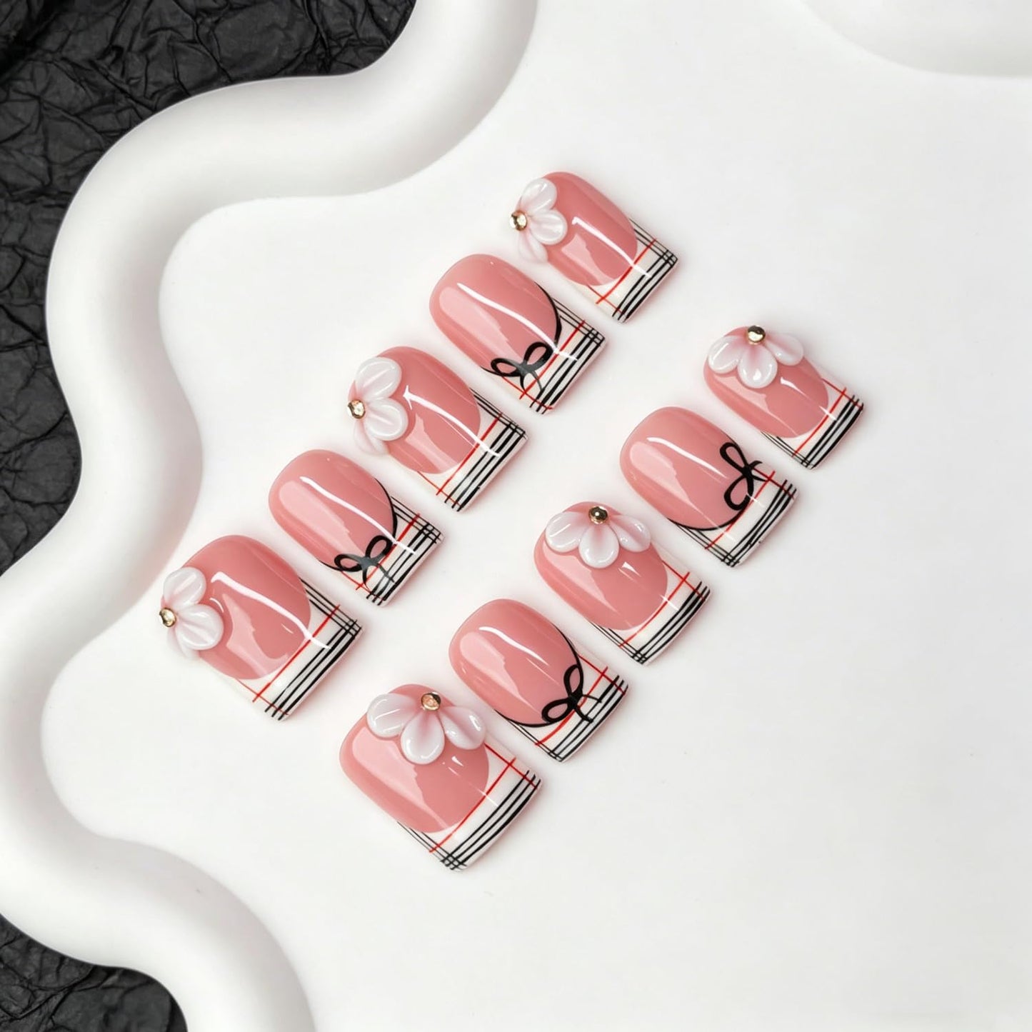 Luxury 3D Flower Short Square Press on Nails Handmade Fake Nails with Floral & Bow Art Design Stripe French Tip False Nails Muti-Layer Gel Handmade Thicked Acrylic Stick on Nail for Women (M)