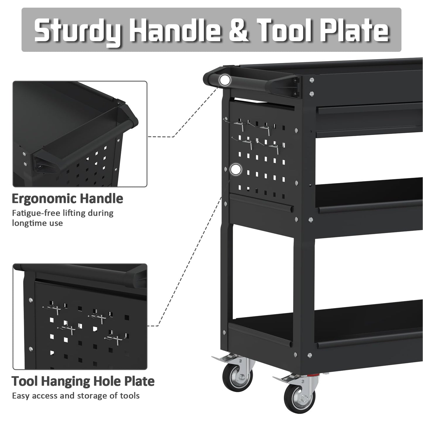 Pelnuies 3 Tier Rolling Tool Cart, 400 LBS Capacity Mechanic Tool Carts on Wheels, Heavy Duty Utility Cart with Drawers, Metal Work Cart for Garage, Warehouse and Repair Shop, Matte Black