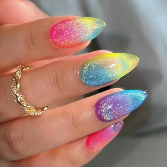 IMRAIN Rainbow Press on Nails Medium Almond Fake Nails Color Ombre Glossy Gel False Nails Full Cover Glitter Summer Stick on Acrylic Nails for Women Girls 24Pcs