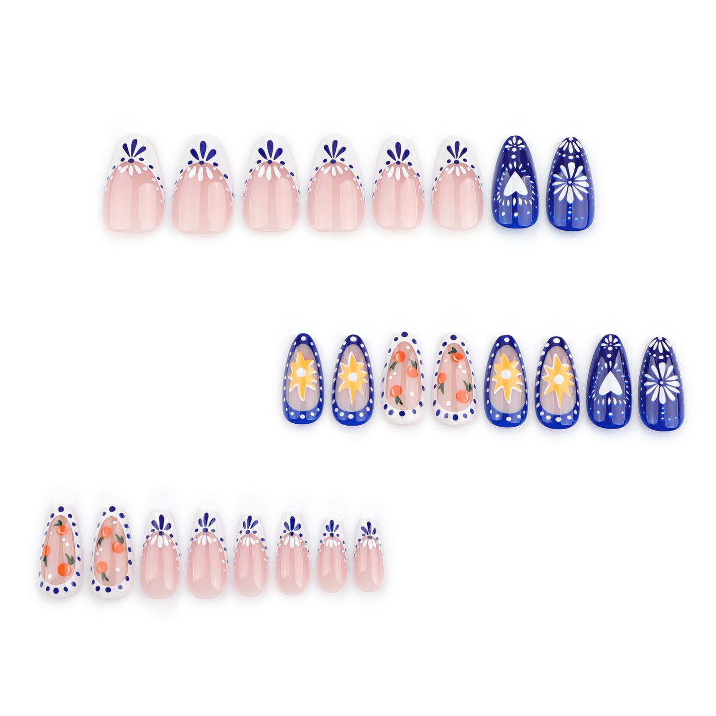 ORZOLATENT Boho Floral Tips Press-On Nails – Hand-Painted Blue & White Floral, Cherry Design, Long-Lasting Gel, Easy DIY