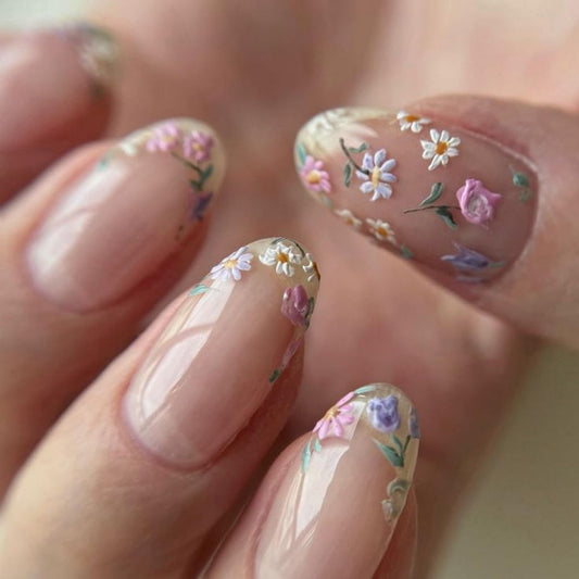 Flower Press on Nails Short Almond Spring Fake Nails with Embossed Flowers Designs Summer False Nails Gel Artificial Fingernail Cute Acrylic Nail Natural Full Cover Stick on Nails for Women 24Pcs