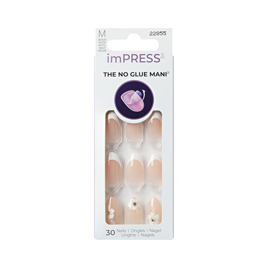 Kiss Impress No Glue Mani Press On Nails, Design, 'Buttercup Shine', White, Medium Size, Almond Shape, Includes 30 Nails, Prep Pad, Instructions Sheet, 1 Manicure Stick, 1 Mini File