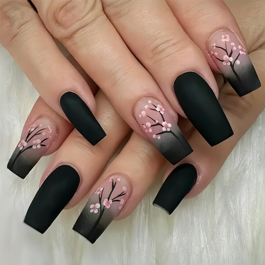Spring Press on Nails 24Pcs Pink Black Ombre Medium Square Press on Nail Coffin Full Cover Fake Nails With Flowers Designs Acrylic Nail Press Ons Kit Press on Nails For Women