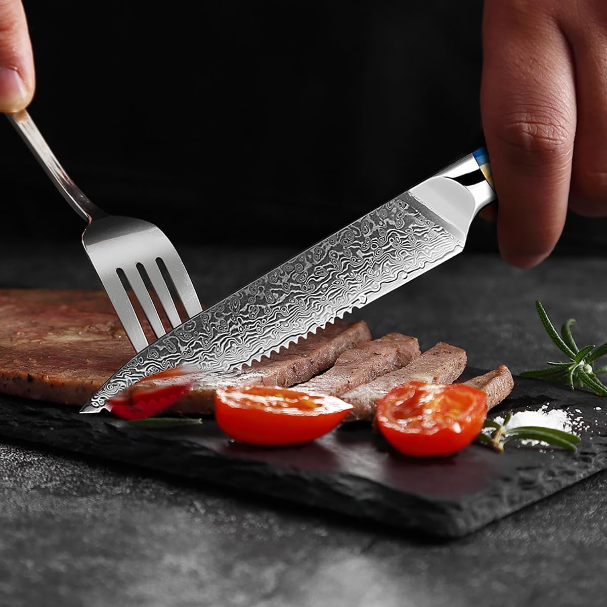 ZILNEHZ Damascus Steel Steak Knife, Resin Wood Handle, Stainless Steel Western Style Steak Knives of 4, Kitchen Serrated Set Knife Slicing & Cutting