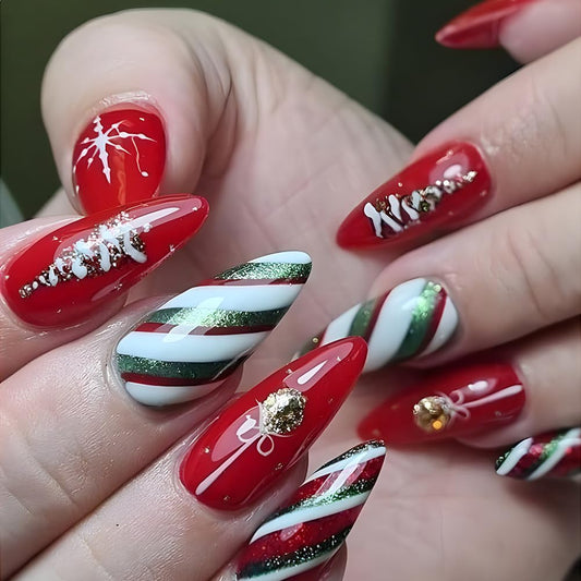 24Pcs Christmas Red Snowflake Press on Nails Long Almond Red Green Stripes Fake Nails with Glitter Christmas Tree Designs False Nails Full Cover Glossy Acrylic Holiday Stick on Nails for Women Girls