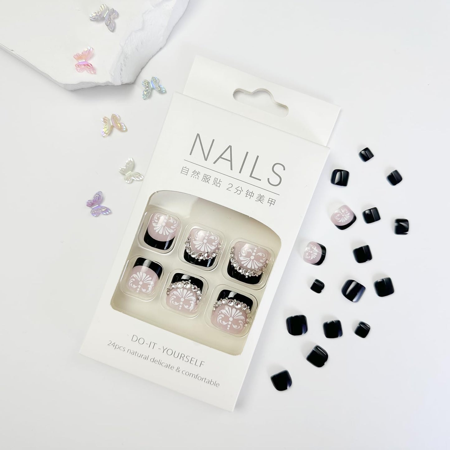 Press on Toenails French Tips ToeNail Press ons Fake Toe Nails Black False Toenails Glossy Full Cover Acrylic Glue on Toenails with Designs Rhinestones Artificial Stick on Toenails for Women Manicure