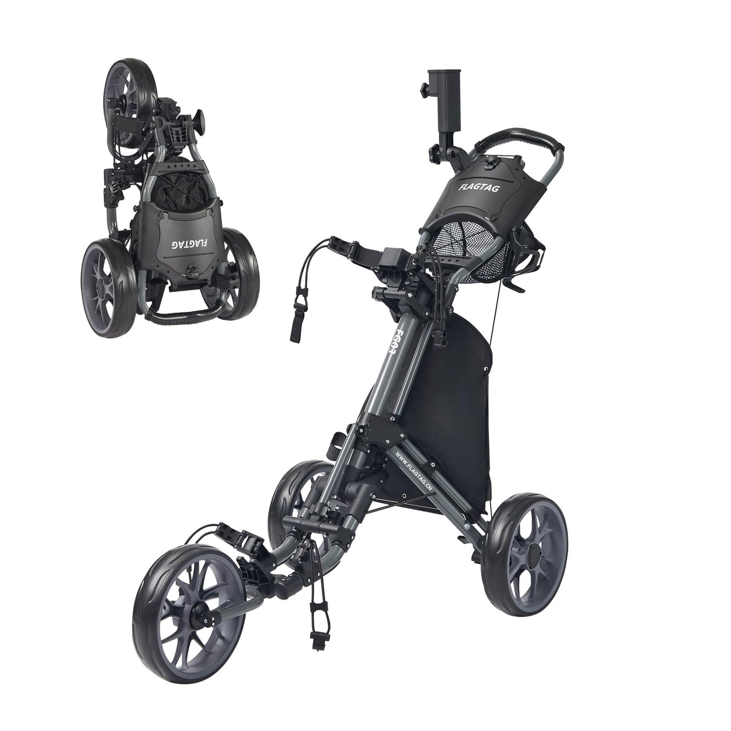 FLAGTAG Golf Push Cart 3 Wheel,Foldable Golf Push Cart,Golf Bag Cart with Foot Brake,Umbrella Holder, Cup Holder, Storage Compartment