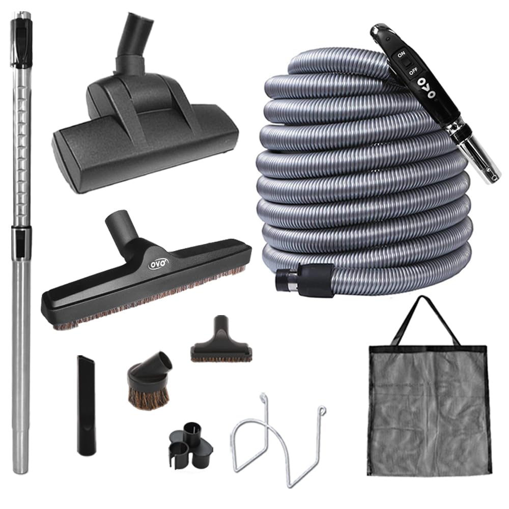 OVO Large and Powerful Central Vacuum System, Hybrid Filtration (with or Without Disposable Bags), 25L or 6.6 Gal, 630 Airwatts + 30 ft Premium Deluxe Plus Accessory Kit