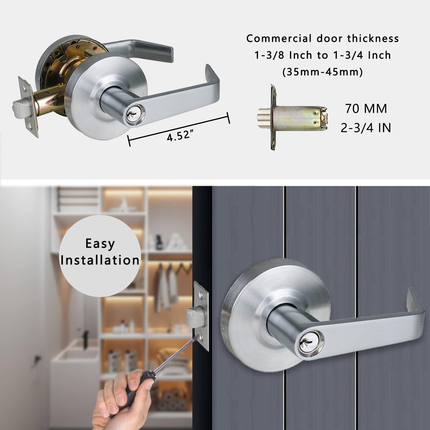 HISAFE Heavy Duty Commercial Storeroom Door Lever, Grade 2 ADA Door Handle, Satin Chrome Finished, UL 3 Hour Fire Rated Ergonomic Lever for Store Room Door, 70mm Latch