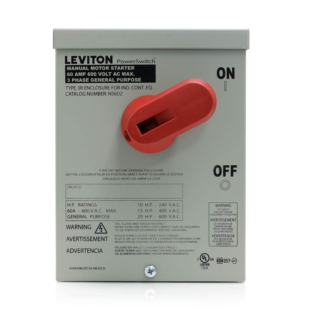 Leviton 60 Amp, 600 Volt, Toggle In Type 3R Enclosure, Double-Pole, AC Motor Starting Switch, Suitable as Motor Disconnect, Industrial Grade, N3602, Black