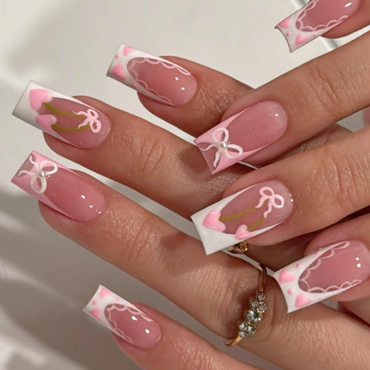 French Tip Press on Nails Medium Square Fake Nails Pink Bow Heart False Nails Glossy Lace Acrylic Nails Cute Reusable Full Cover Glue on Nails for Women Manicure 24Pcs