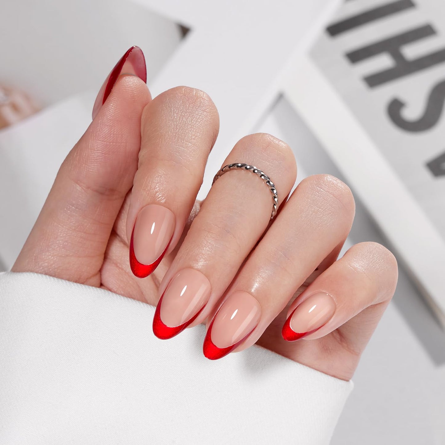VSALON Almond Short Press On Nails, Red French Tip Chrome Light Curbale Glossy Fake Nails, Reusable Opaque Stick On Nails, Soft Gel Glue On False Nails Kit in 16 Sizes 32 Pcs with Glue