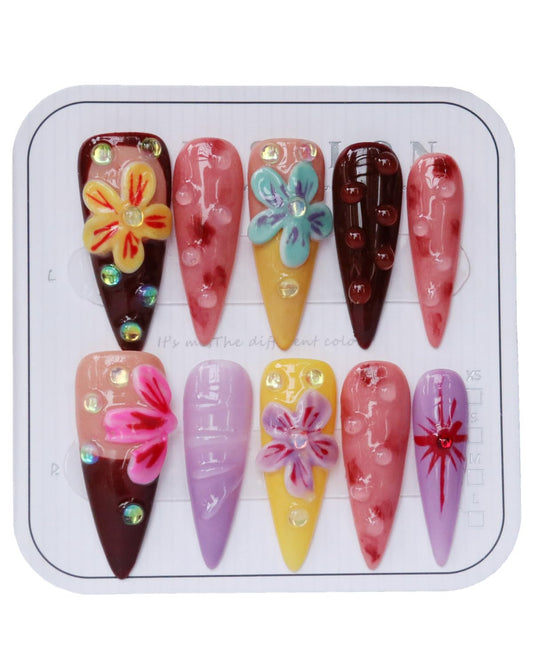 CAMILCY Luxury Handmade Press on Nails Long Almond Tip Stiletto Glossy 3D Flower Salon Hand painted Fake Nails Chocolate Pink Purple Reusable Nails Full Cover Acrylic Nails for Women 10psc (B08, M)