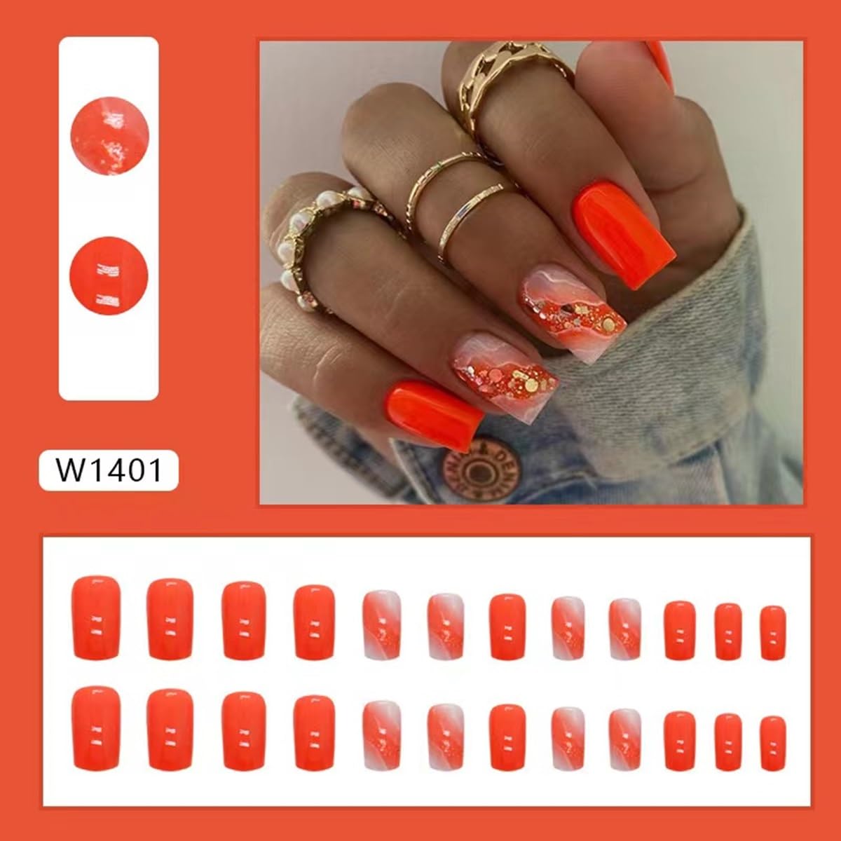 Medium Press on Nails Square - Orange Fake Nails with Gold Foil Design - Glossy Full Cover Stick on False Nails - for Women 24 Pcs