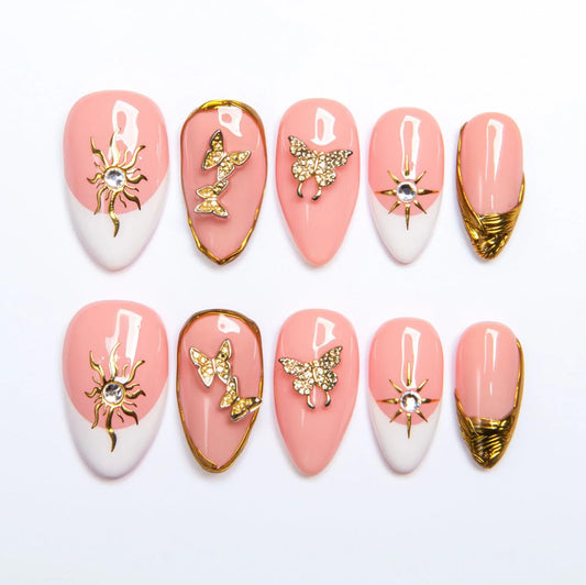 LOVFUL Reusable Press on Nails | Queen's Gambit | Salon Quality Sustainable Style Handmade with Full Covered Crystals | Almond Regular 1.0 in | H293-L