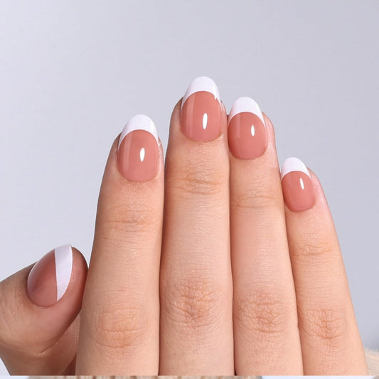 Short Almond French Tip Press On Nails - Sheer Pink Nude French Press on Nails with Defined French Tips for Women, Reusable Glossy Fake Nail Kit with Glue and Adhesive Tabs, 32 PCS in 16 Sizes
