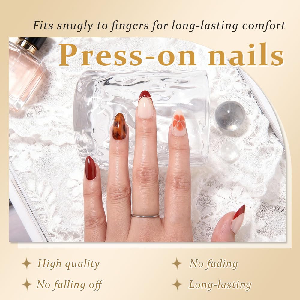 evpct 3D French Press on Nails Short Almond with Gold Line Design, Dark Red French Tip Stick on Nail for Women with Kit, Reusable Full Cover Press on Fake Nail with Flower Tortoise Shell Design