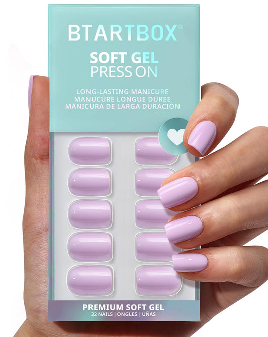 BTArtbox Press On Nails Short - First Impression, Easy-to-Apply Pastel Purple Square Press On Nails with Glue and Adhesive Tabs in 16 Sizes - 32 Nails All-in-One Kit