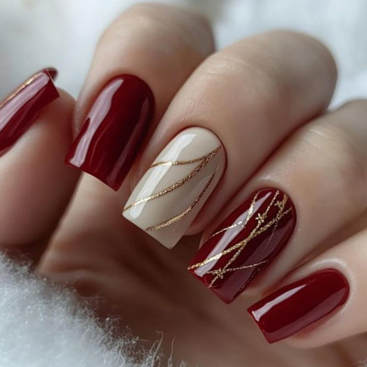 IMRAIN Red Press on Nails Short Square Fake Nails Glossy Acrylic False Nails Full Cover Gel Glue on Nails New Year Nail Kits 24Pcs