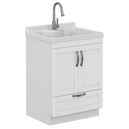 SIMPLIHOME Maile All-in-One 24 inch Wide Utility Sink and Laundry Cabinet in Pure White Finish, Transitional ABS Sink Cabinet for Laundry Rooms or Garage with High-Arch Chrome Faucet and Storage