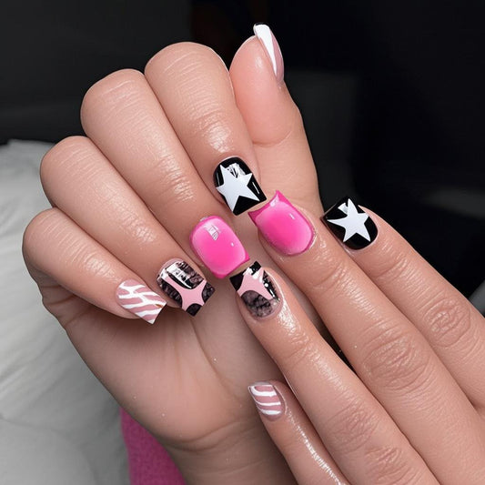BABALAL Acrylic Press on Nails Short Square Fake Nails Pink Black Glue on French Tip Star Y2k False Nails with Design Press-ons 24Pcs Cute Squoval Artificial for Women Girls
