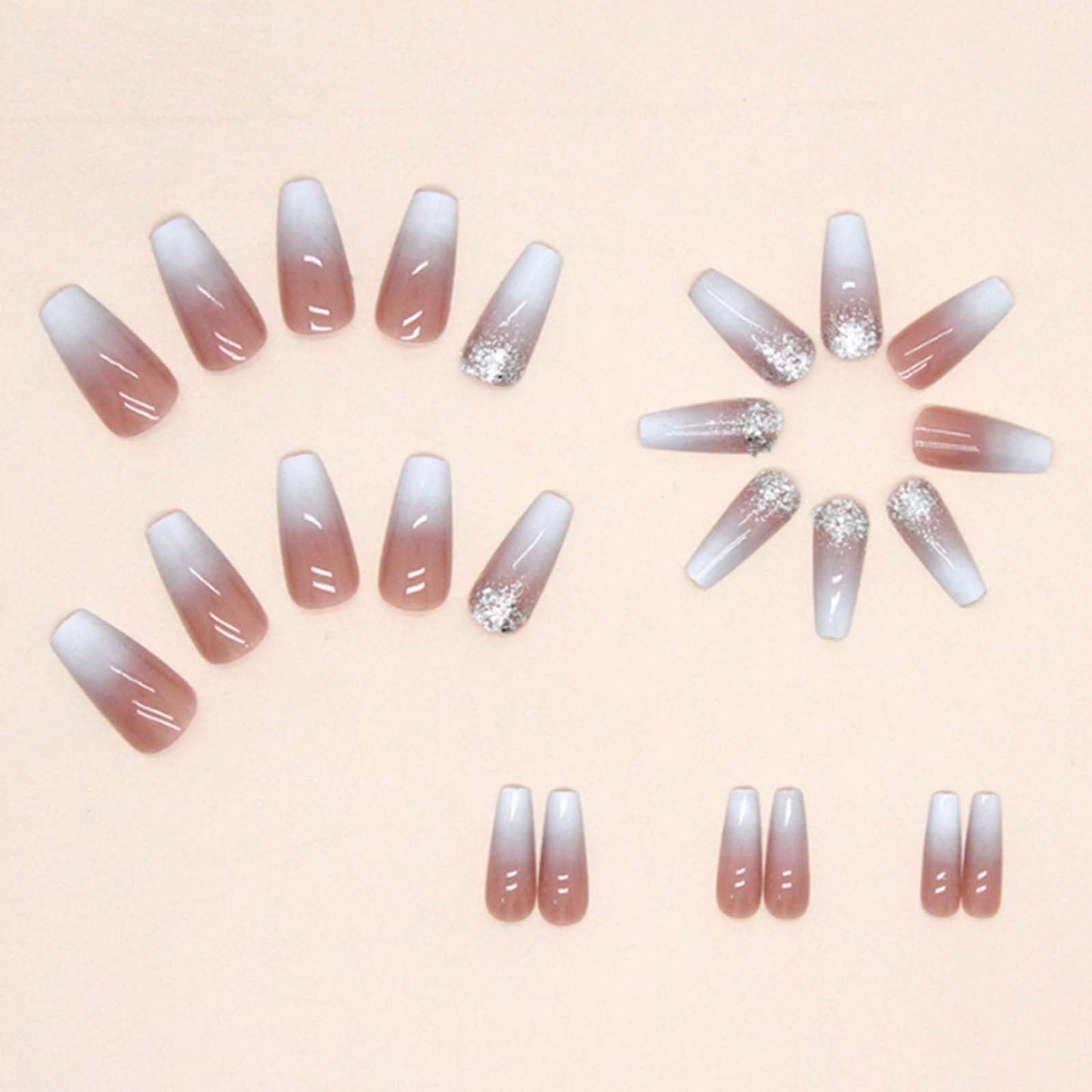 Gifiky Bling Fake Nails Long Coffin Press on Nails Gradient Cute Nails Tips Acrylic Full Cover Ballerina False Nails Nude for Women and Girls 24Pcs