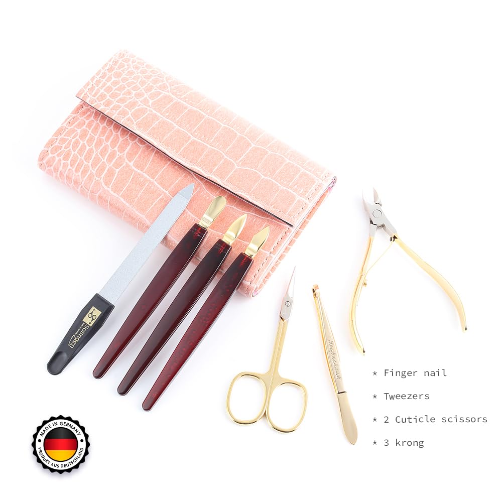Tarko Solingen Professional Nail Kit Manicure Set, 7 Pcs Nail Care Kit with Luxury Leather Carry Case - Professional Finger Nail Care for DIY & Manicure Saloon (Pink)