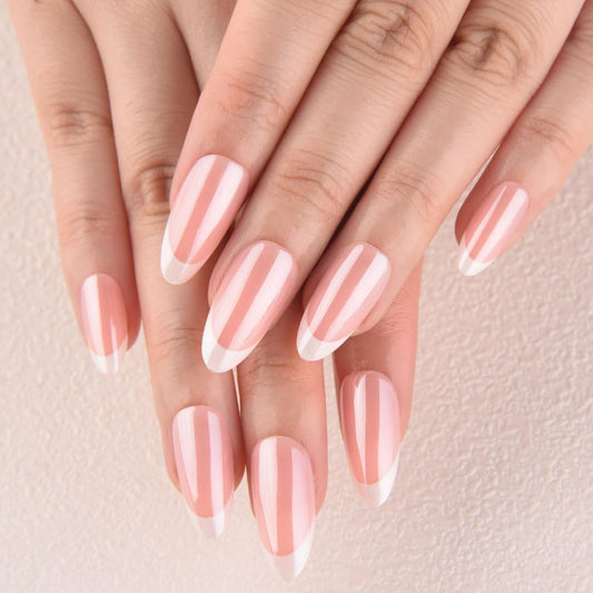 evpct French Tip Press On Nails Almond Medium, Warm Pink + Wihte Tips, Chrome Glazed Glossy Medium Almond Fake False Press on Nails, Reusable Gel Stick on nail Press ons Nail Kit, Salon Quality