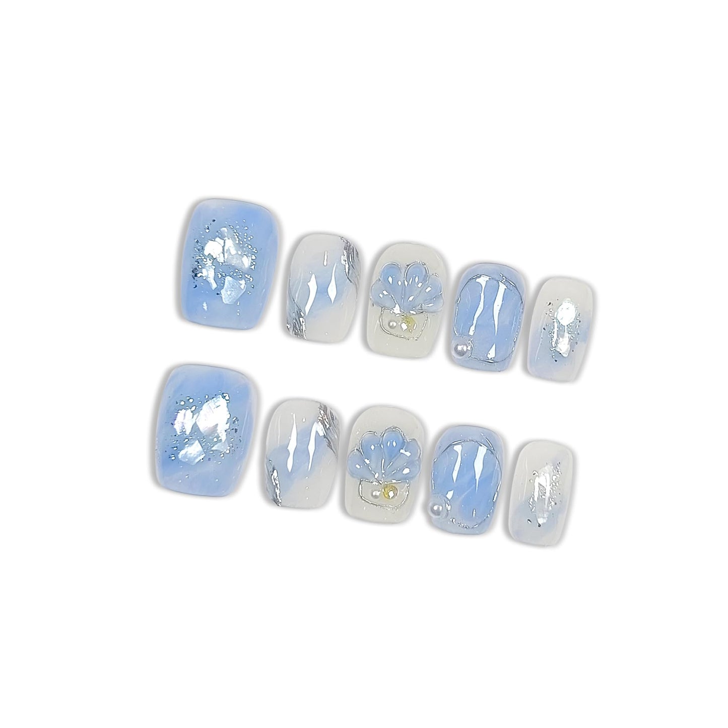Hantyer Press on Nails, Short Coffin Fake Nails, Blue Marble & Hand-Painted Silver Streaks, Icy Blue Glittering Nails, Handmade Nails Sweet Style for Office, Holiday Parties & Special Events(Size L)