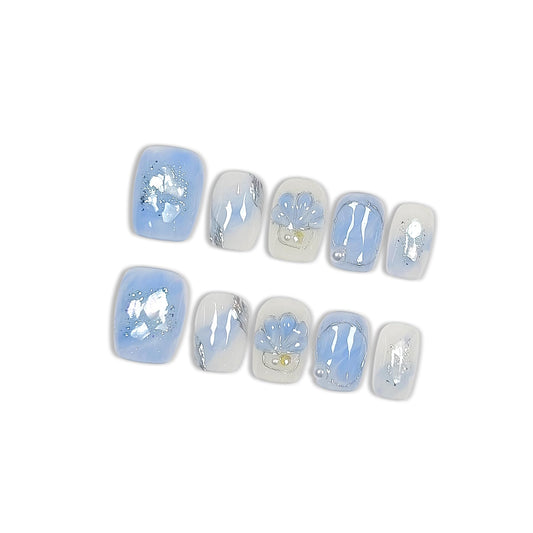 Hantyer Press on Nails, Short Coffin Fake Nails, Blue Marble & Hand-Painted Silver Streaks, Icy Blue Glittering Nails, Handmade Nails Sweet Style for Office, Holiday Parties & Special Events(Size L)