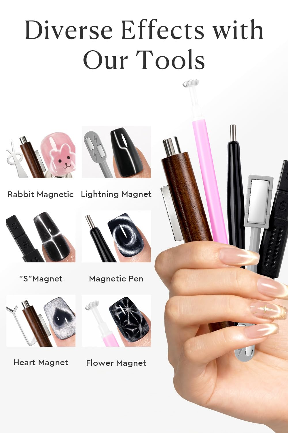 AzureBeauty Cat Eye Magnet Set, Heart Rabbit French Cat Eye Nail Tool Kit, 3-in-1 Wooden Cylinder Magnet Pen, Creates Stripes, Black Hole, Flower&Glassy Moon Effects for DIY & Salon Use