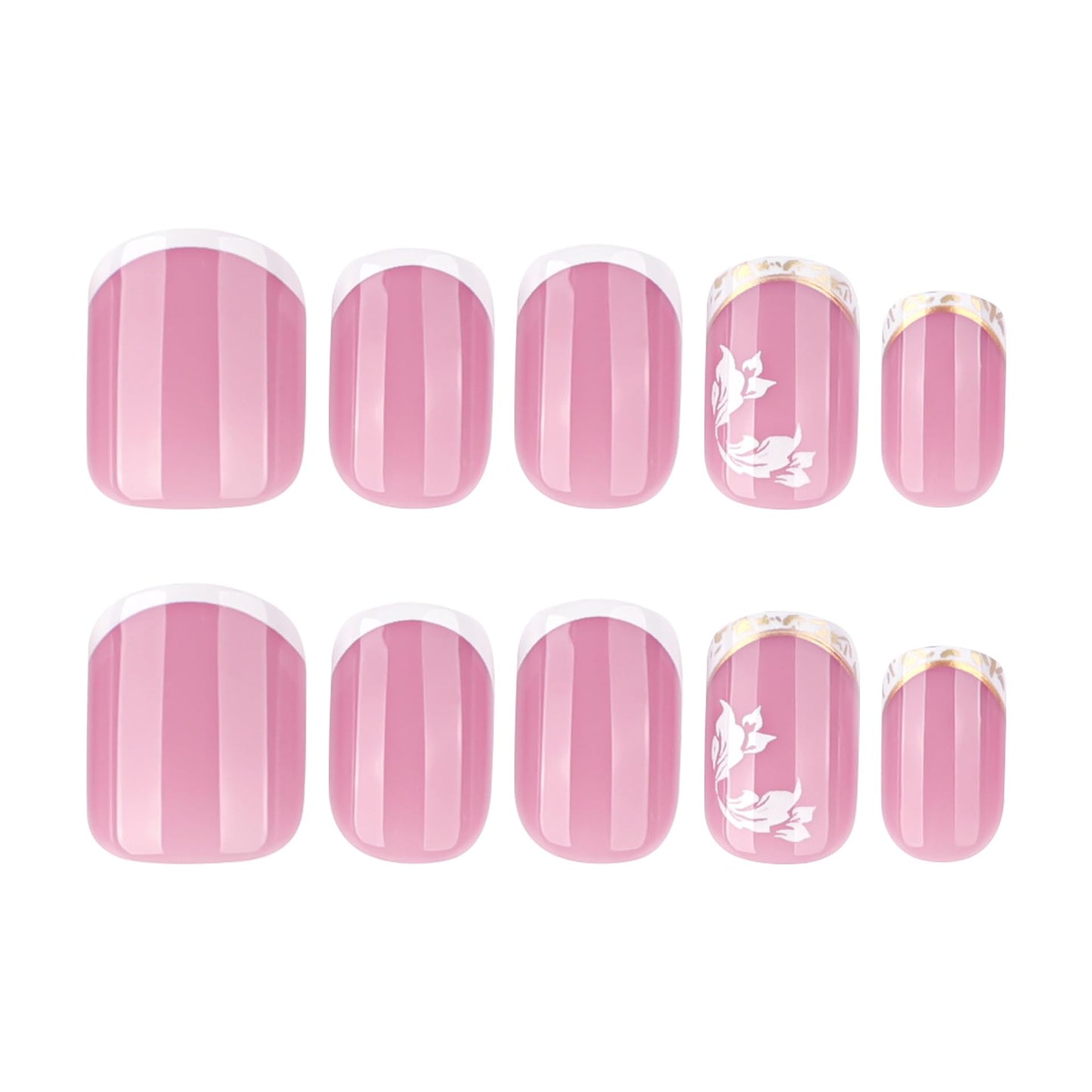 Square Press on Nails Short Fake Nails White French Tip False Nails Pink Glossy Glue on Nail with Flower Design Acrylic Nails Press ons Full Cover Stick on Nail for Women 24Pcs