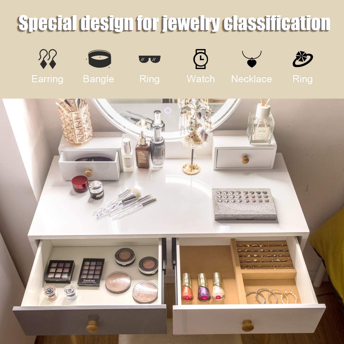 Vanity Set, Touch-Screen LED Round Mirror, Dressing Table with Cushioned Stool, 4 Storage Drawers &Spacious Desktop, 3 Adjustable Light Colors, Makeup Table and Stool Set for Women Girls, White + Gray