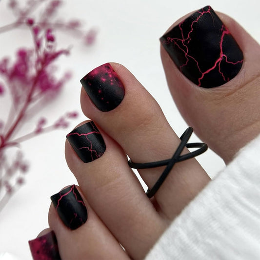 IMRAIN Press on Toe Nails Short Square Fake Toenails Full Cover Black Matte Acrylic False Toe Nails with Red Lightning Designs Glue on Toenails Y2K Toe Nail Supplies 24Pcs