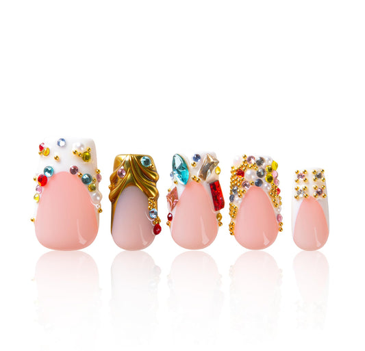 LOVFUL Short French Tip Press on Nails Jewel Feast | Handmade Acrylic Press ons | Reusable Fake False Nails | Square Regular 1.0in | H694-L