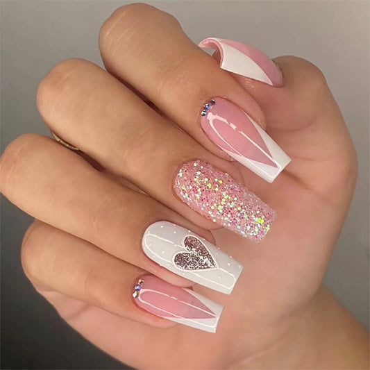 24Pcs Press on Nails Medium French Square Fake Nails Glitter Heart/Love False Nails Glossy Acrylic Glue on Nails Full Cover Stick on Nail for Women Decorations