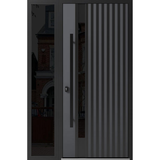 VDOMDOORS Front Exterior Prehung Steel Door/Ronex 0144 Grey/Side Exterior Window Sidelite/Entry Metal Modern Painted W36+12" x H80 Right Hand Inswing