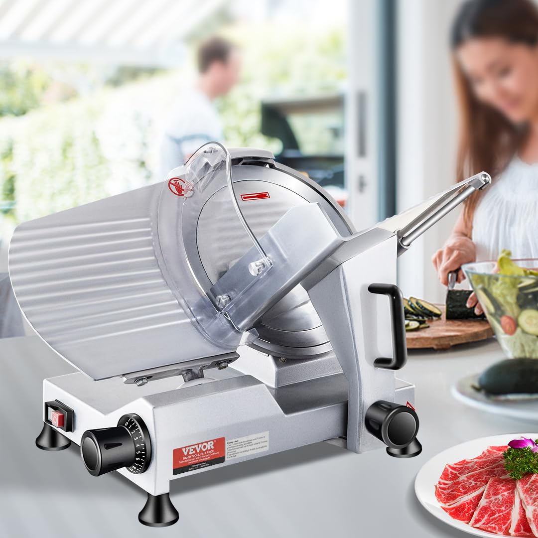 VEVOR Commercial Meat Slicer, 10 inch Electric Food Slicer, 240W Frozen Meat Deli Slicer, Premium Chromium-plated Steel Blade Semi-Auto Meat Slicer For Commercial and Home use