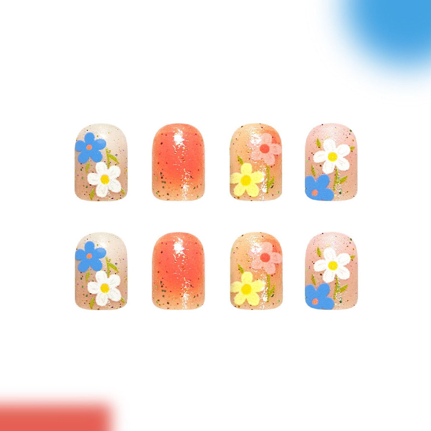 Flower Press on Nails Short Square Fake Nails with Glitter Blending Full Cover Designs Nails Press ons Colorful Glue on Nails Spring Summer Stick on Nails for Women 24Pcs