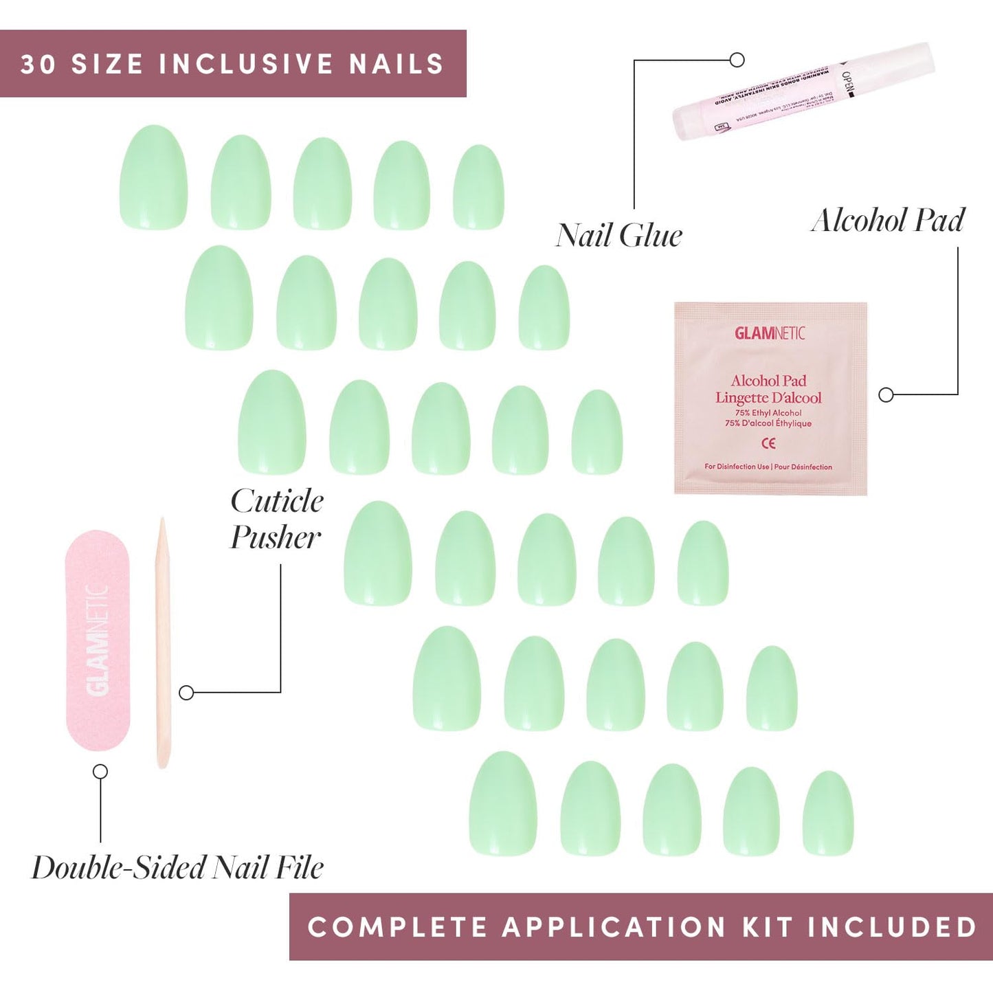 Glamnetic Press-On Nails Bundle - Mint Green, Midnight Blue & Unicorn Tears | Pastel Green Oval Fake Nails | Navy Blue Almond False Nails | Short Oval, Misty-Grey Nails with Metallic Finis
