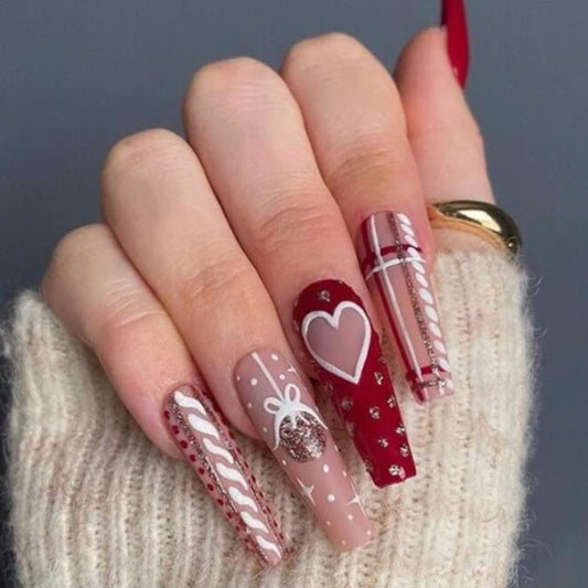 Christmas Bell Heart Stripe Glitter Nails - Red Coffin Design, Full Cover Square Artificial False Nails - 24 Pcs Winter Xmas Press On Nails for Women & Girls Manicure
