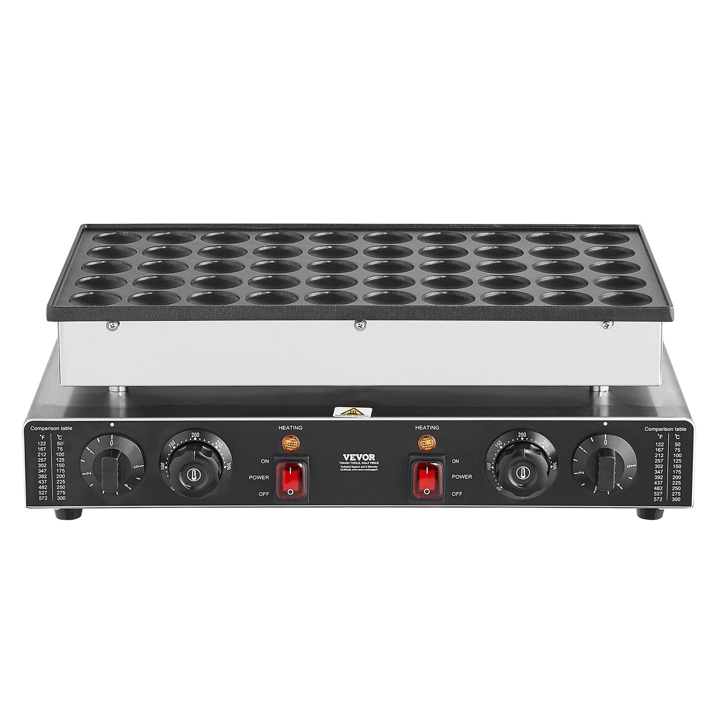 VEVOR 110V Mini Dutch Pancake Baker, 50PCS 1700W Commercial Electric Nonstick Waffle Maker Machine, 1.8 Inches Pancake Maker with 2 Thermostats & 2 Timers Separate Control, for Home and Restaurants