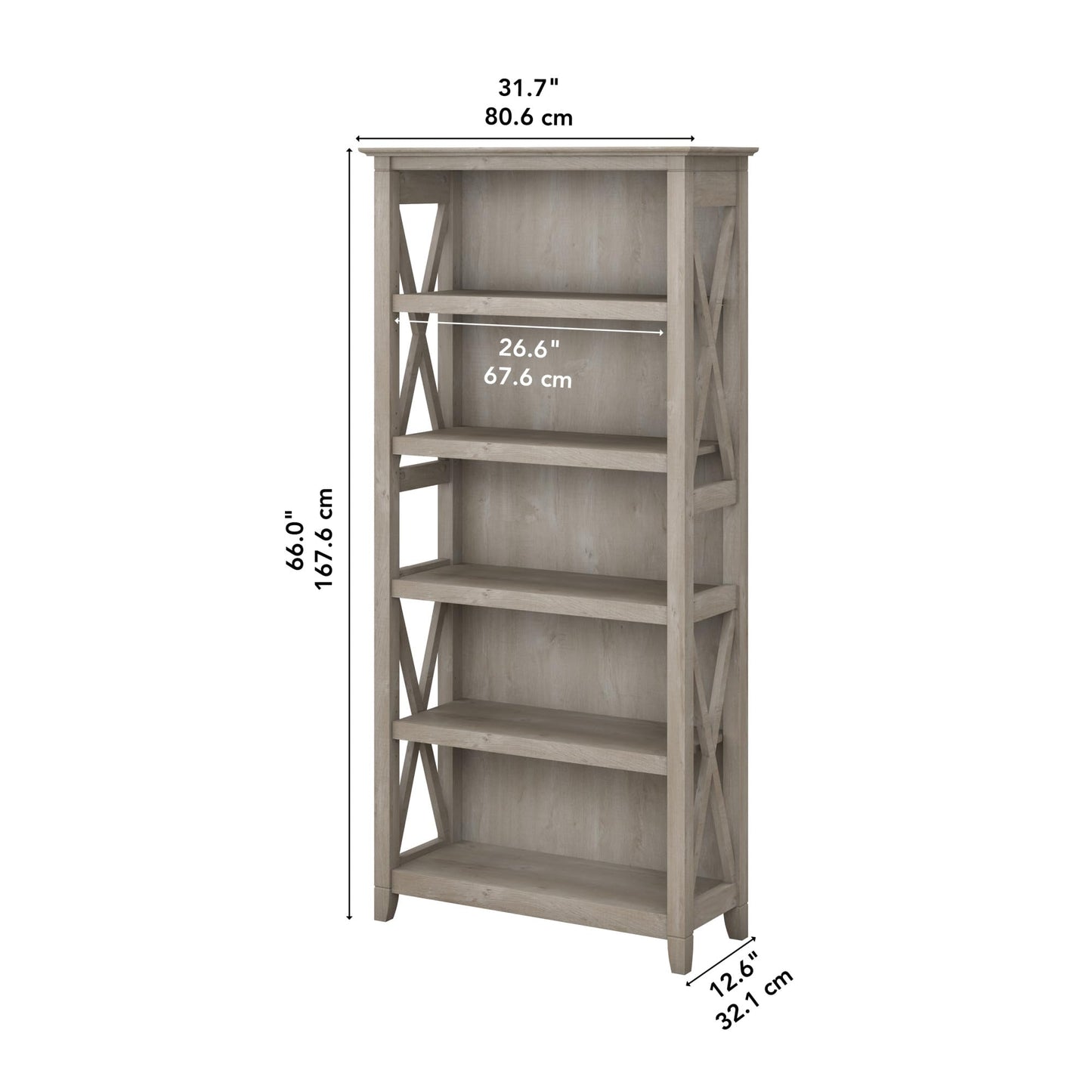 Bush Home Tall 5 Shelf Bookcase for Living Room or Home Office, Large Bookshelf, Modern Farmhouse Style, Key West Collection, Washed Gray