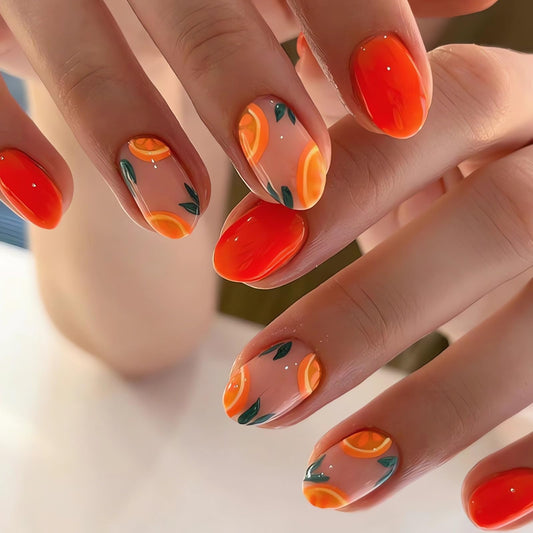 IMSOHOT Oval Short Press on Nails Orange French Tips Fake Nails Fresh Fruit Designs Nude Glossy Round Acrylic False Nails with Designs Cute Stick on Nails for Women and Girls 24Pcs