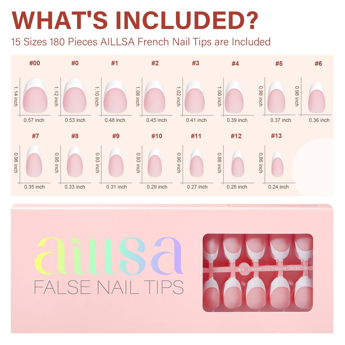AILLSA French Gel Nail Tips, 180 Pcs Pink French Tip Press on Nails Short Almond, Pre-Applied Primer & Base Coat, No Need File, Soft Nail Tips, Fake Nails for Nail Art DIY 15 Sizes