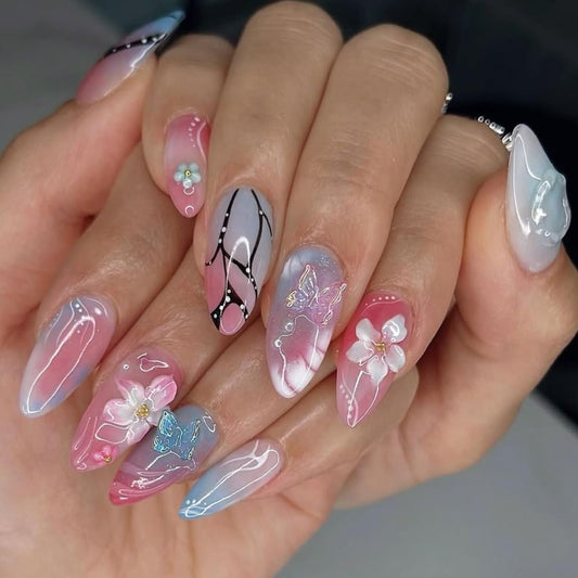 Mkwntg 24Pcs Pink Flower Press on Nails Medium Almond Fake Nails with 3D Gold Beads Pearl Butterfly Rhinestones Design Spring Floral Ombre Acrylic False Nails White Nude Stick on Nails for Women DIY