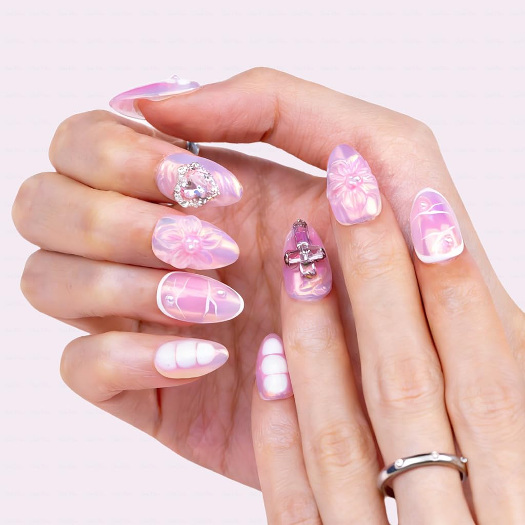 IntoVibes 10 Pieces Handmade Short Almond Press On Nails, Pink Thickened False Nails, Heart Shaped Rhinestone And Flower, Reusable Fake Nails Almond, Reusable Acrylic Nails (L)