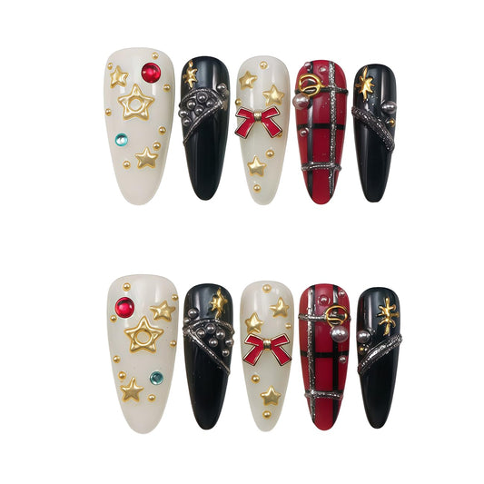 WZHAOJUN Handmade Vintage Press On Nails, Black Red Plaid Fake Nails With 3d Gold Star Charms, Red Bowknot Rhinestones Pearls, Y2k Acrylic False Nails For Women Christmas Party Nail Art