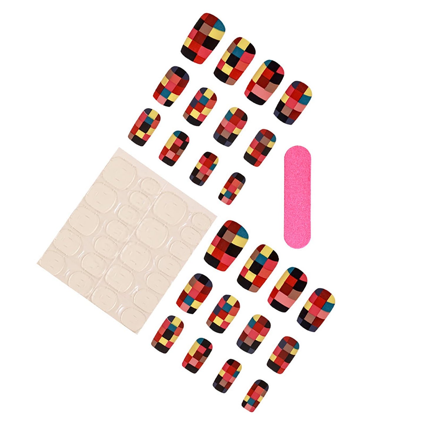 Vezocim Press on Nails Short Square-24Pcs Matte Full Cover Acrylic Square False Nails with Plaids Designs Artificial Extra Short Square Fake Nails with Glue Stick on Fingernails for Women Girls